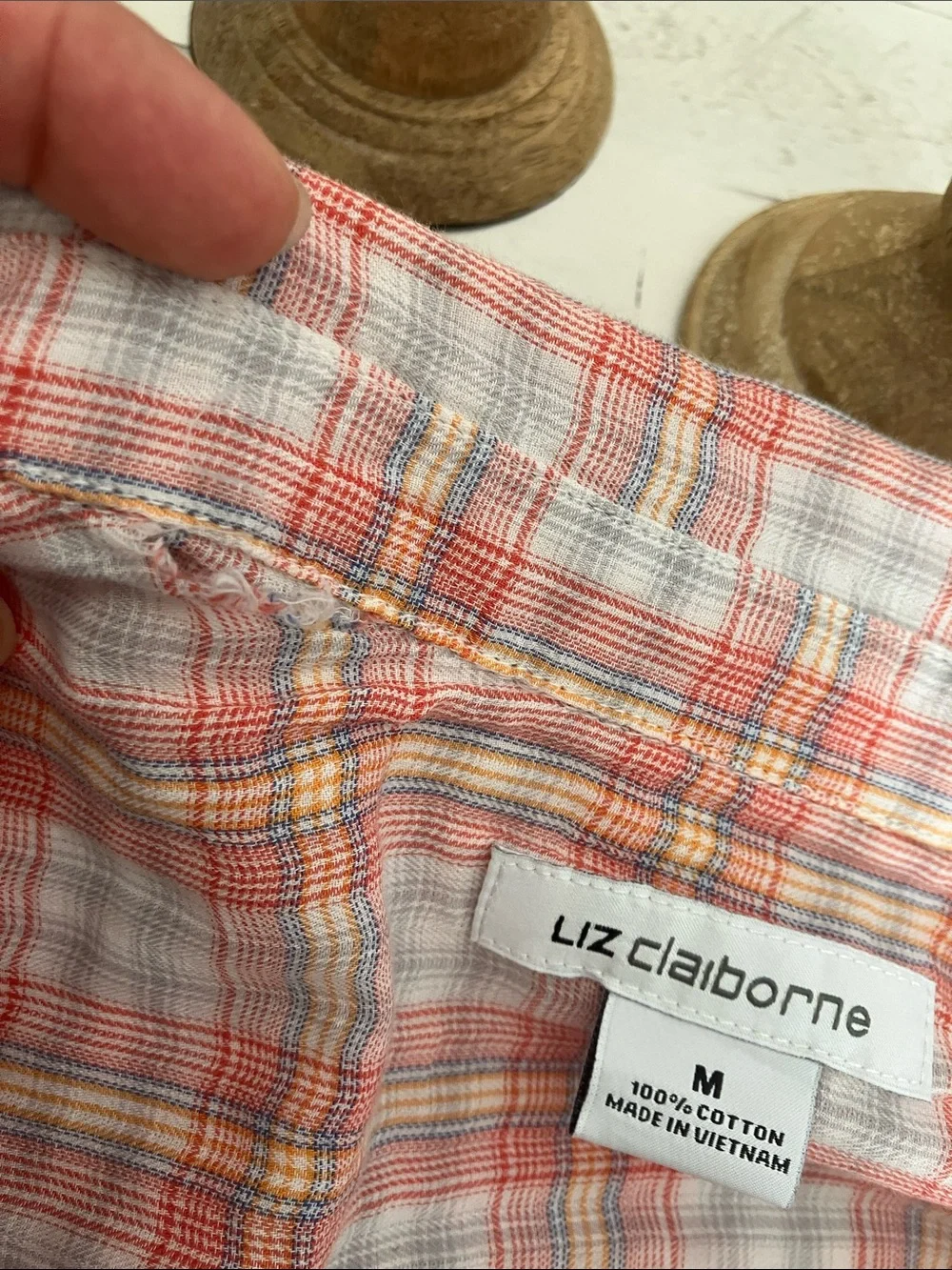 Y2k Liz Claiborne Women’s Coral and White Plaid Button-Down Shirt